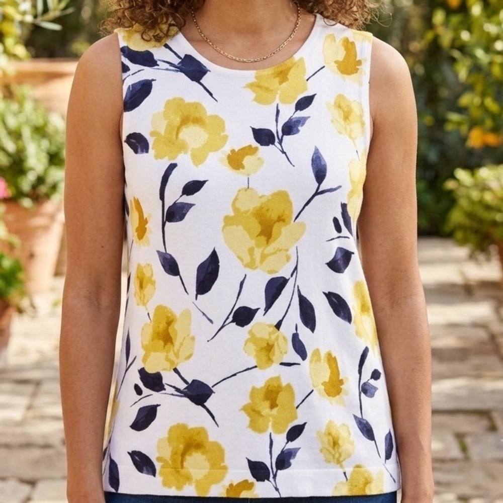 Croft & Barrow Womens XL Yellow Floral Knit Sleeveless Sweater Tank Top Shell